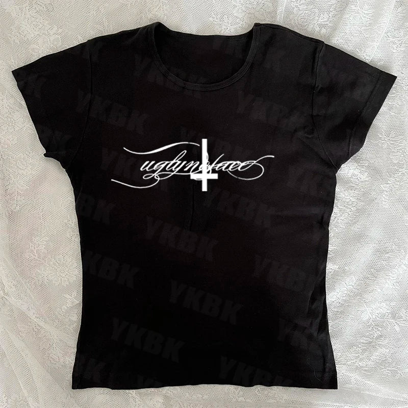 Letter cross print suspender casual streetwear harajuku grunge punk Y2K crop tops chic sexy lace trim emo girl hip hop women top
