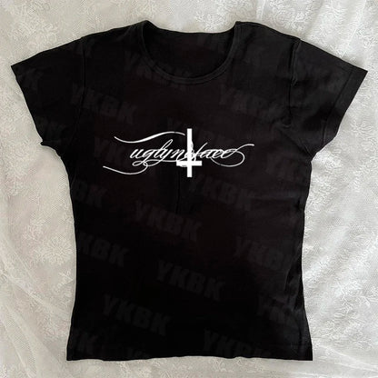 Letter cross print suspender casual streetwear harajuku grunge punk Y2K crop tops chic sexy lace trim emo girl hip hop women top