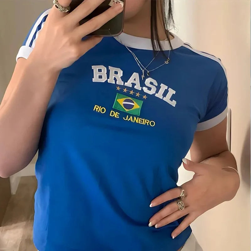 BRASIL Letter Print T-Shirt and Shorts Suit, Vintage Grunge  Short Sleeve Baby Tees,