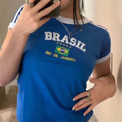 BRASIL Letter Print T-Shirt and Shorts Suit, Vintage Grunge  Short Sleeve Baby Tees,