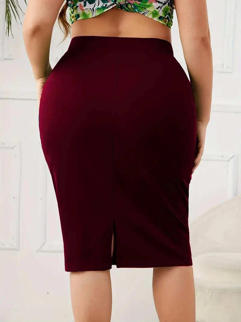 2026 Summer Plus Size Solid Slim Skirt, Casual High Waist Slit Skirt, Women's Plus SizeClothing