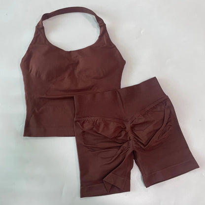 2pcs Women's Gym Set Backless Tank Top High Waist Scrunch Shorts Seamless Fitness Activewear Workout Suit