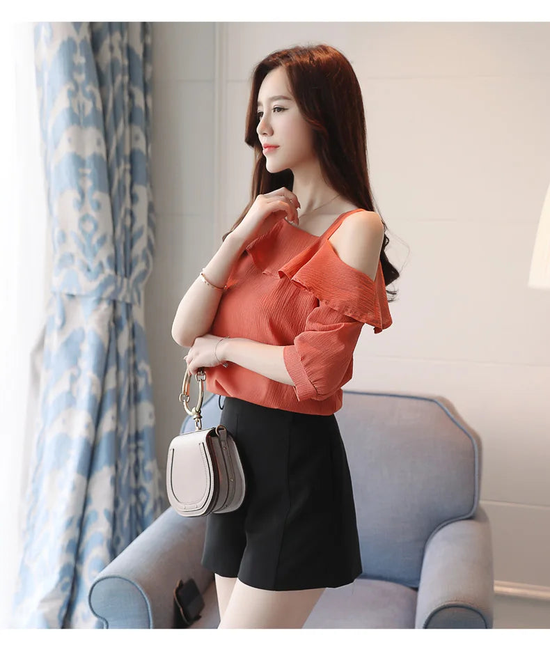 One-Shoulder Ruffles Short-sleeved Chiffon Blouse