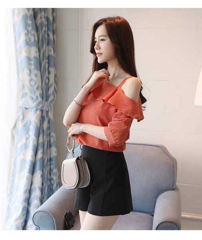 One-Shoulder Ruffles Short-sleeved Chiffon Blouse
