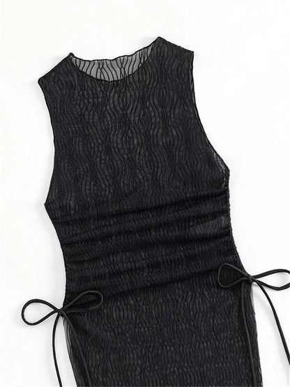 Sexy Mesh High Slit Dress Cover-Ups Transparent Jacquard Drawstrinig Beach Bikini Cover Up Women Swimwears Vacation Outfit Mujer