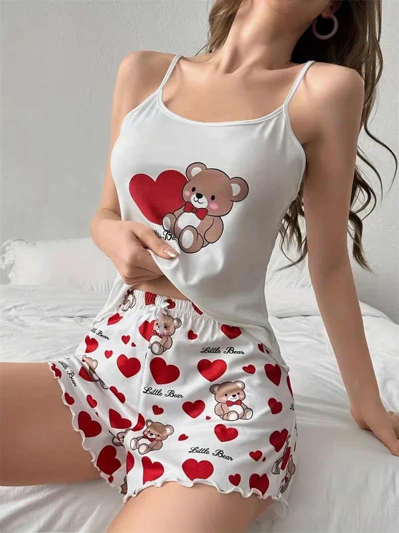 Cute Bear+Red Peach Heart Print Pajama Shorts Set