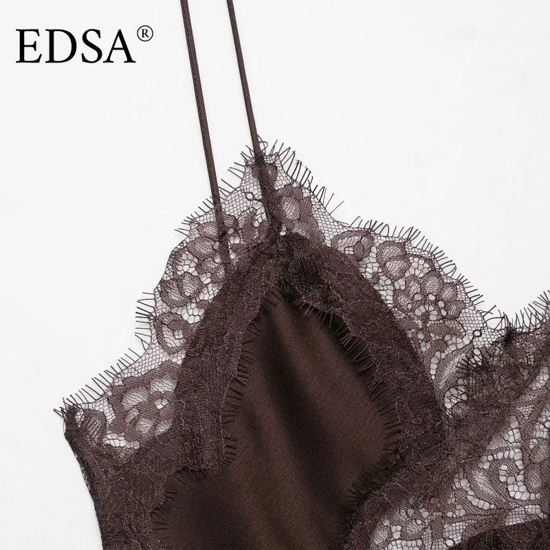 EDSA Women Asymmetric Lace Satin Mini Dress with with Straps V-neck Sexy Short Dresses for Prty