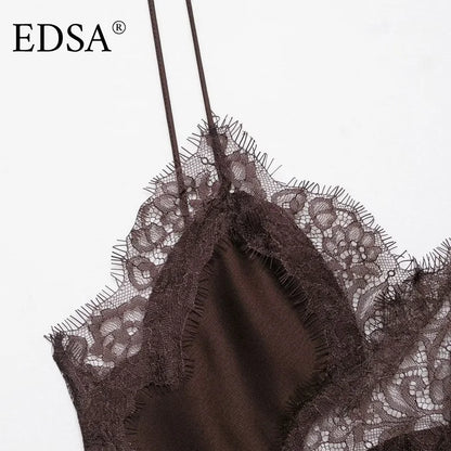 EDSA Women Asymmetric Lace Satin Mini Dress with with Straps V-neck Sexy Short Dresses for Prty