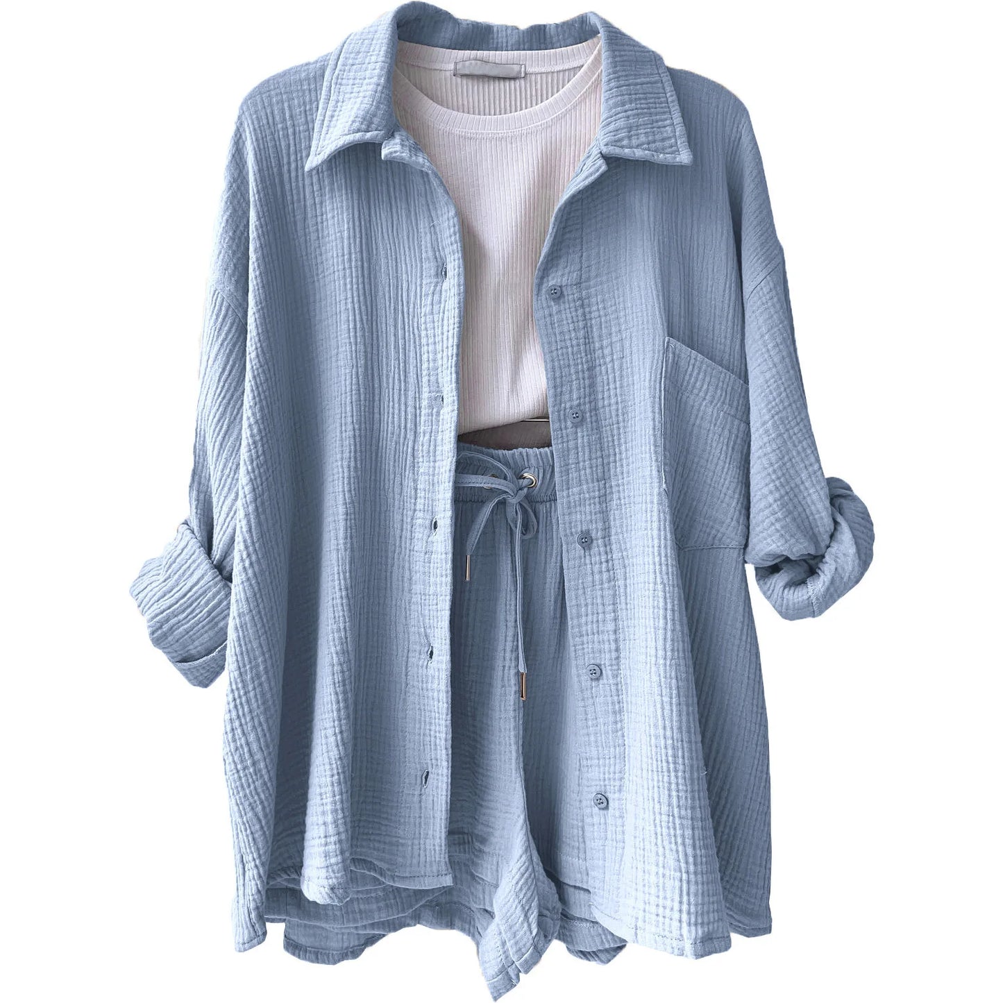 Women's Summer Shorts Set White Long Shirt High Waisted Pants Sets Casual Outfit Streetwear Suits For Women Female Clothing 2025