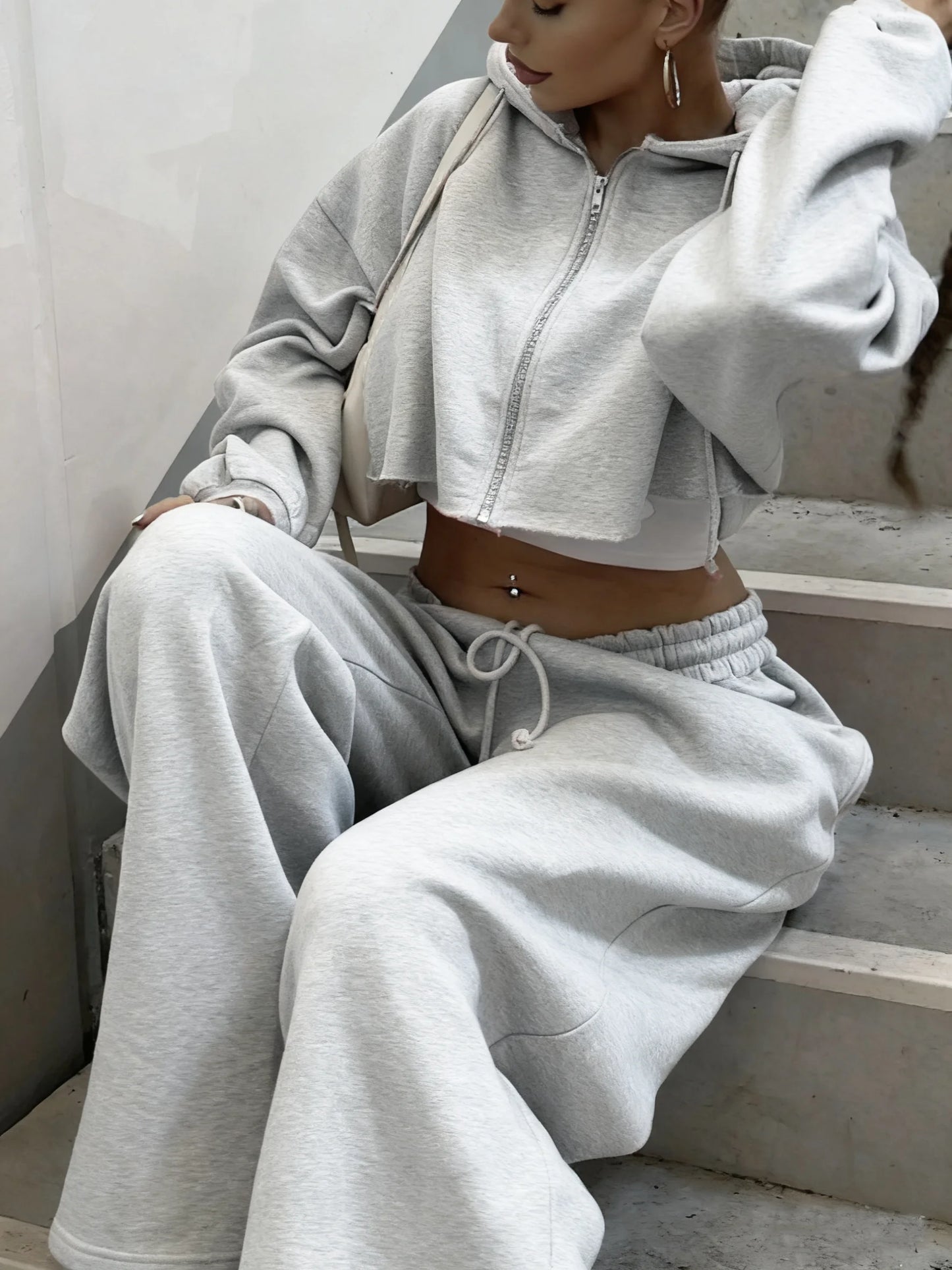 Hooded Zip-up Cropped Sweatshirt and Long Pants