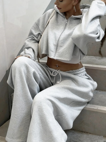 Hooded Zip-up Cropped Sweatshirt and Long Pants
