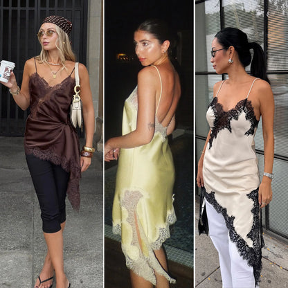 2025 Women's Solid Lace Dress Sleeveless Sexy Backless Asymmetric Long Dresses Female Summer Woman Evening Party Dress Fashion