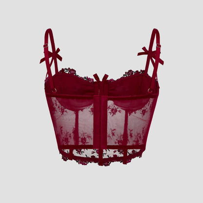 Sexy Lace Floral Embroidery Bow Corset For Women Camisole Sheer Mesh Fishbone Slim Crop Top Wired Bra Camis Festival Lingerie
