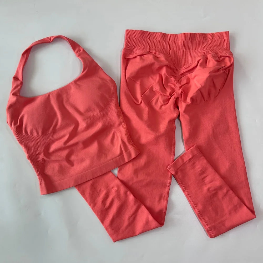 2pcs Women's Gym Set Backless Tank Top High Waist Scrunch Shorts Seamless Fitness Activewear Workout Suit
