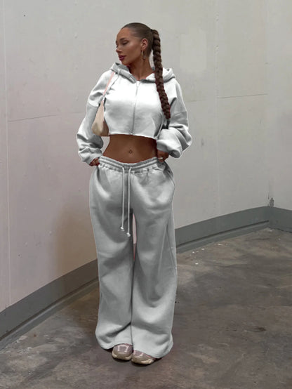 Hooded Zip-up Cropped Sweatshirt and Long Pants