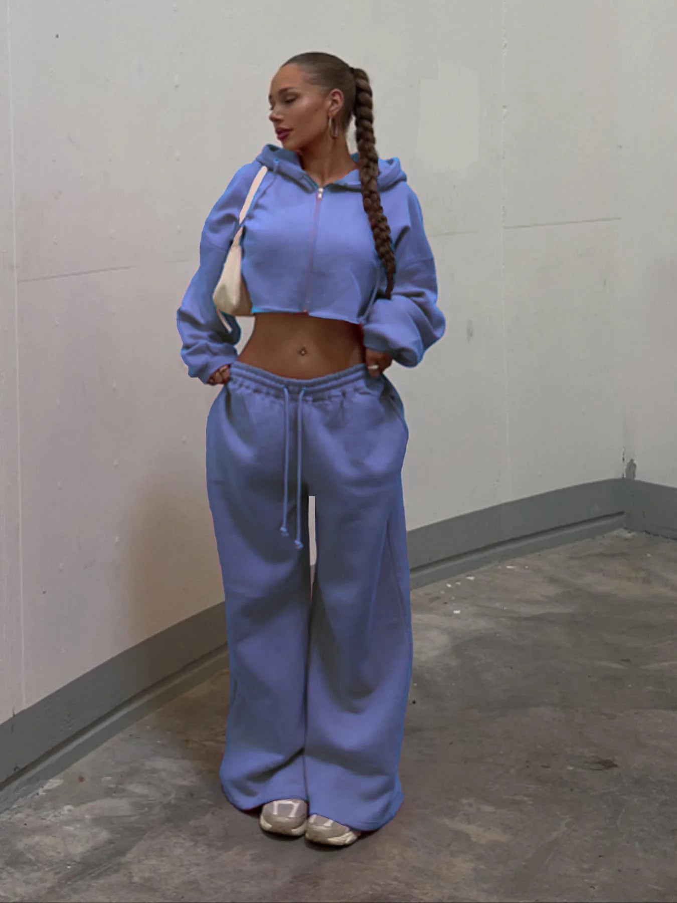Hooded Zip-up Cropped Sweatshirt and Long Pants