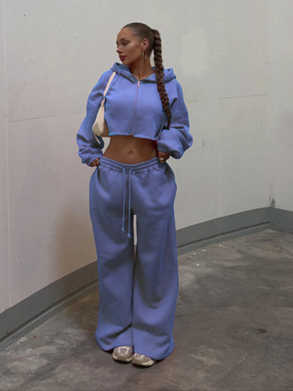 Hooded Zip-up Cropped Sweatshirt and Long Pants