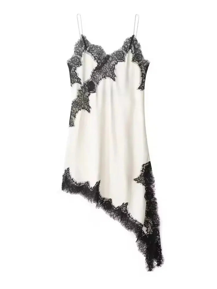 Women Lace Satin Dress Asymmetrical Lace Hem Spaghetti Strap V Neck Dresses For Woman Vacation Daily Evening Dress Vestidos