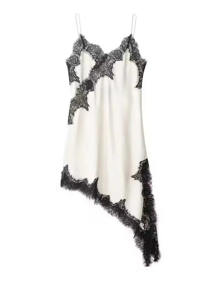 Women Lace Satin Dress Asymmetrical Lace Hem Spaghetti Strap V Neck Dresses For Woman Vacation Daily Evening Dress Vestidos