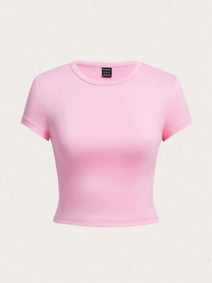 Y2K Woman Solid Cotton Crop Tops Short Sleeve High Elastic T-Shirt Soft O-Neck Sporty Tees Summer Street Fashion Female Clothes