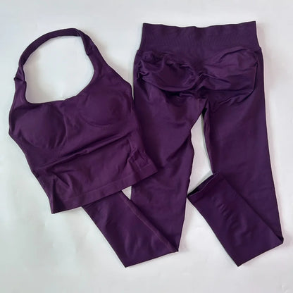 2pcs Women's Gym Set Backless Tank Top High Waist Scrunch Shorts Seamless Fitness Activewear Workout Suit