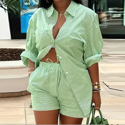 Sexy Turn-down Collar Button Blouse & Shorts Women Outfit 2023 Spring Striped Print Two-piece Suit Retro Long Sleeve Office Sets