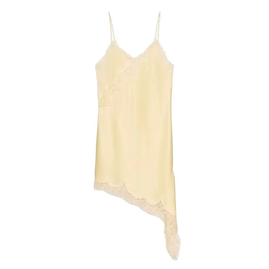 HH Elegant Sexy Women Lace Slip Mini Dress 2025 Sleeveless Asymmetry Dress Backless Slim Female Party Beach Sling Splicing Dress
