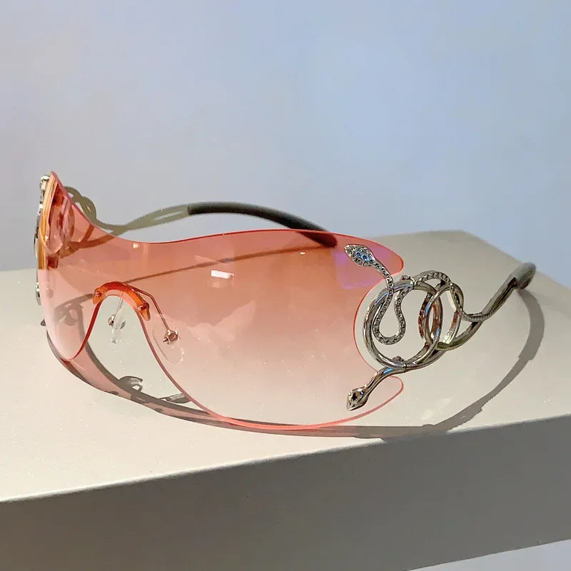 Rimless Gradient Snake Shaped Mirror Leg Sunglasses Oversized Y2k Trendy Wrap Around Punk