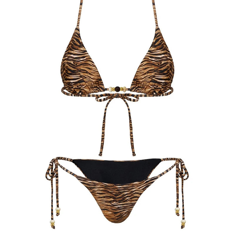 Trendy Tiger Print Bikini Set Swimwear Women Bandage Triangle G-string Split Bikini Summer 2025 New Sexy Spice Girl 2 Piece Sets