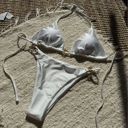 Vintage Metal Buckle Bikini Set Swimwear Women Sexy Triangle Halter High Cut Thong Bikini Push Up 2025 New Beach Bathing Suit
