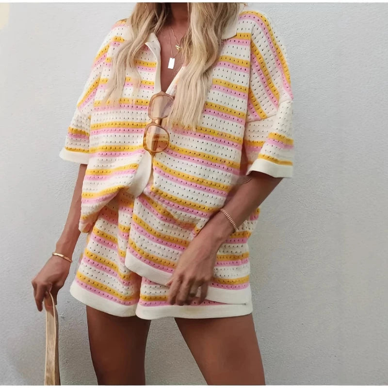 2025 Summer Women'S Hollow Striped Knitted 2 Pieces Set Short Sleeve Flip Collar Cardigan Single Breasted Casual Shorts Suits