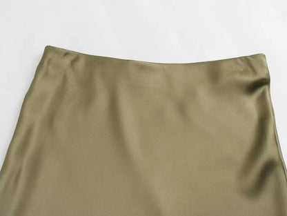 HH 2024 Y2K Casual Women Long Skirt Spring Elastic High Waisted A-Line Casual Female Satin Skirts High Street Lady Skirts
