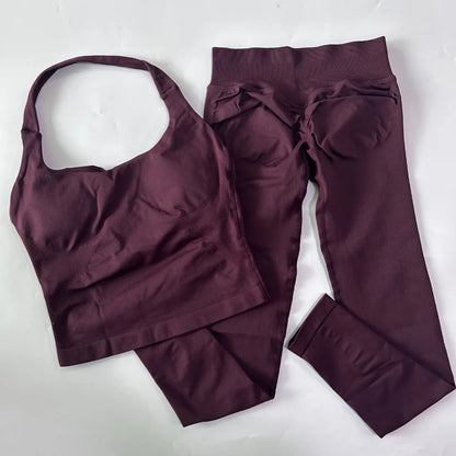 2pcs Women's Gym Set Backless Tank Top High Waist Scrunch Shorts Seamless Fitness Activewear Workout Suit