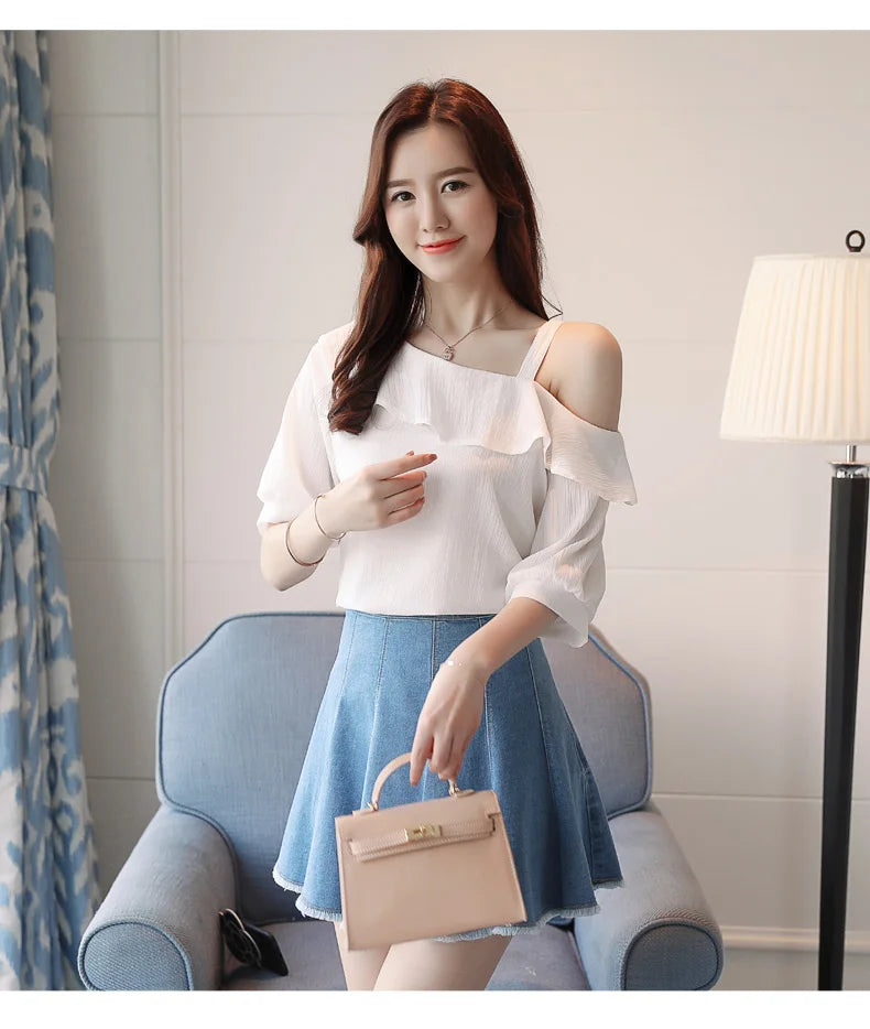 One-Shoulder Ruffles Short-sleeved Chiffon Blouse