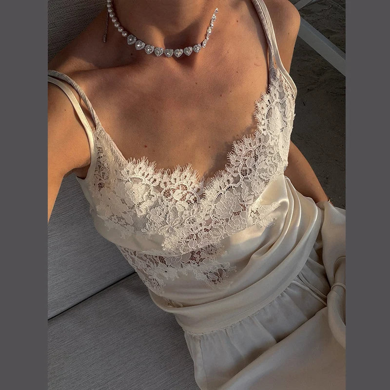 Women Short Set Satin Lace Spaghetti Strap V-Neck Top Drawstring Waist Lace Trim Shorts Elegant Casual Solid Two Piece Set Lady