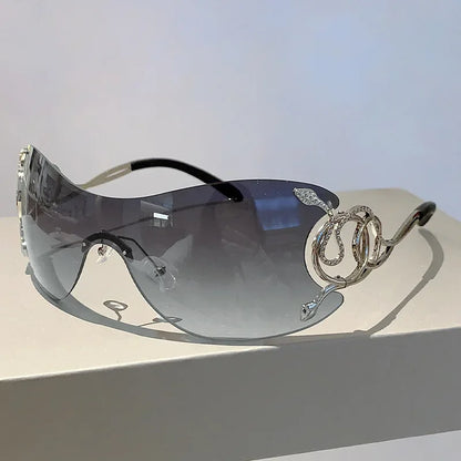 Rimless Gradient Snake Shaped Mirror Leg Sunglasses Oversized Y2k Trendy Wrap Around Punk