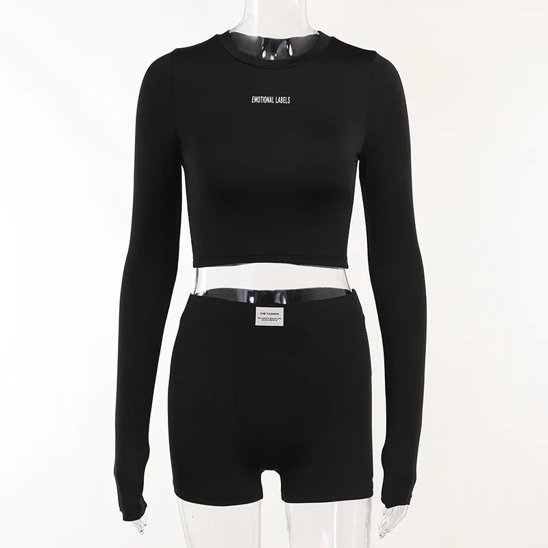 Round Neck Long sleeved Shirt and  Shorts Two piece Set