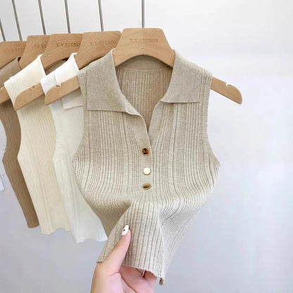 Summer Turn Down Collar Gold Button Slim Knitted Sweater Vests Elegant Knitwear Tank Tops BSTFSC-m1948