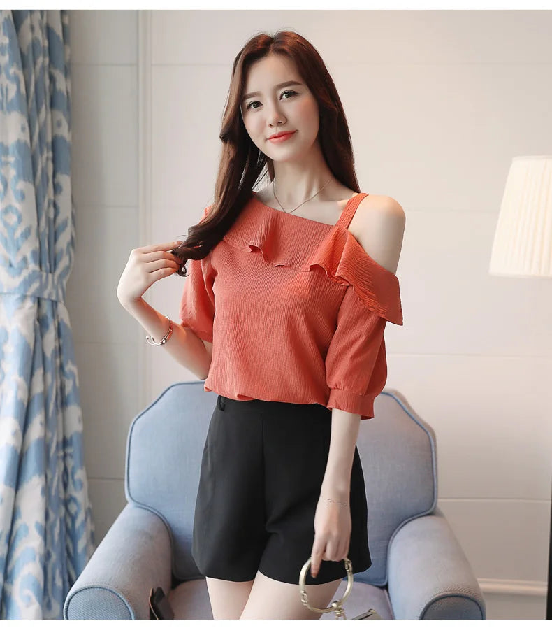 One-Shoulder Ruffles Short-sleeved Chiffon Blouse