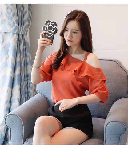 One-Shoulder Ruffles Short-sleeved Chiffon Blouse