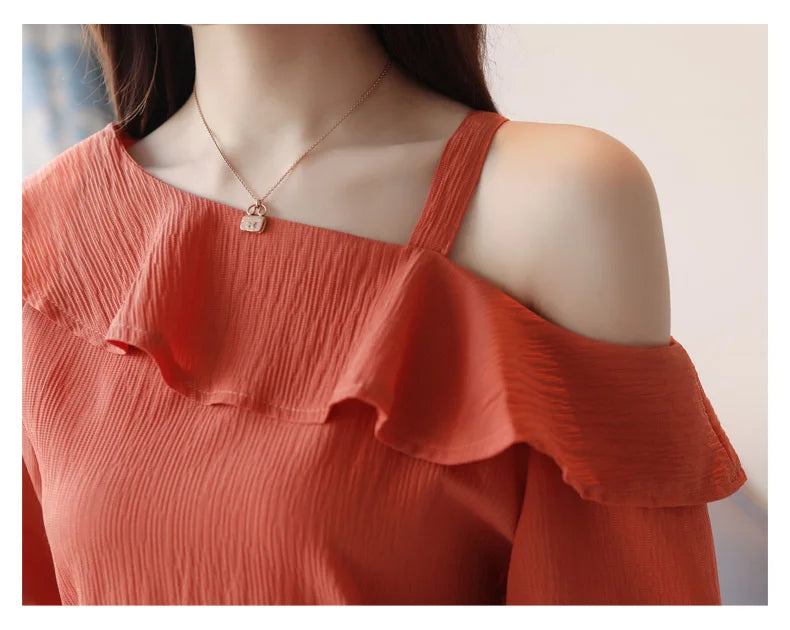 One-Shoulder Ruffles Short-sleeved Chiffon Blouse