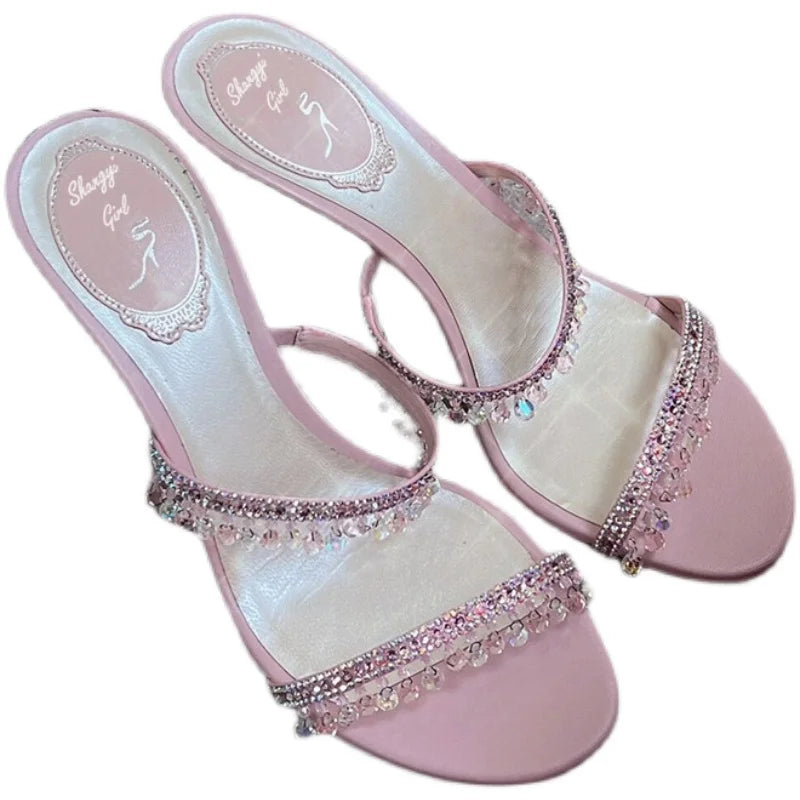 2025 Summer New Sexy Women Sandals Thin Heel Rhinestone High Heels Open Toe Backless Slippers Fairy Style