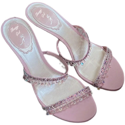 2025 Summer New Sexy Women Sandals Thin Heel Rhinestone High Heels Open Toe Backless Slippers Fairy Style