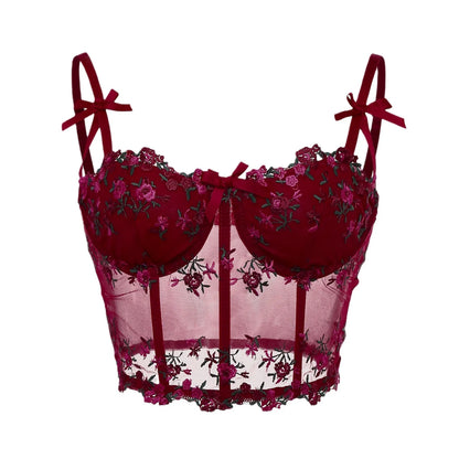 Sexy Lace Floral Embroidery Bow Corset For Women Camisole Sheer Mesh Fishbone Slim Crop Top Wired Bra Camis Festival Lingerie
