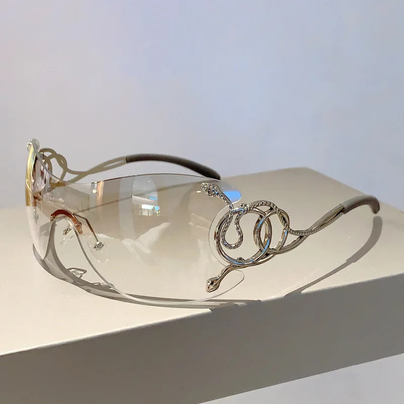 Rimless Gradient Snake Shaped Mirror Leg Sunglasses Oversized Y2k Trendy Wrap Around Punk