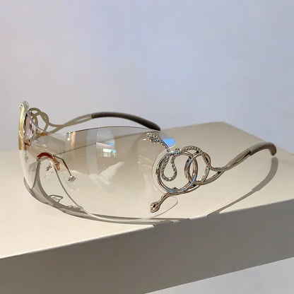 Rimless Gradient Snake Shaped Mirror Leg Sunglasses Oversized Y2k Trendy Wrap Around Punk
