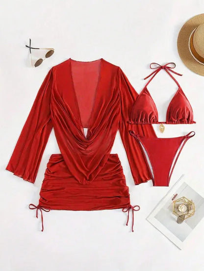 4pcs Sexy Solid Color Bikini Set With Sheer Cover-Up, Suitable For Vacation, Beach Party, Perfect For New Year And Valentine's