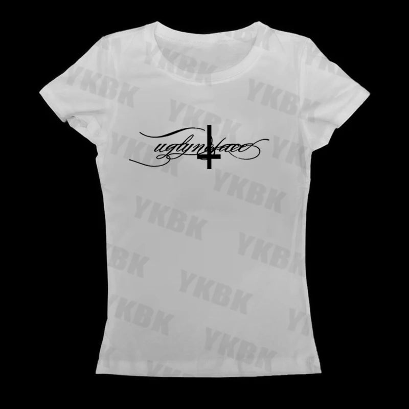 Letter cross print suspender casual streetwear harajuku grunge punk Y2K crop tops chic sexy lace trim emo girl hip hop women top