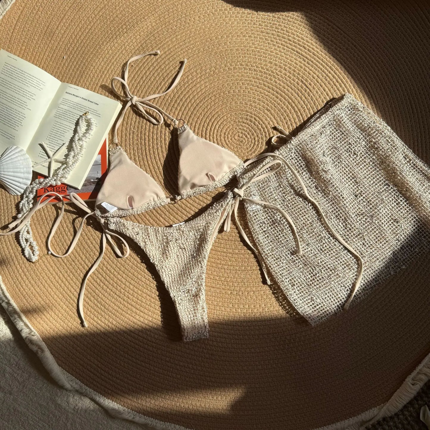 2025 New Summer Halter Bikini 3 Pieces Women Special Material Sexy Thong Swimwear with Sarong Skirt Solid Pink Beachwear