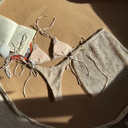 2025 New Summer Halter Bikini 3 Pieces Women Special Material Sexy Thong Swimwear with Sarong Skirt Solid Pink Beachwear